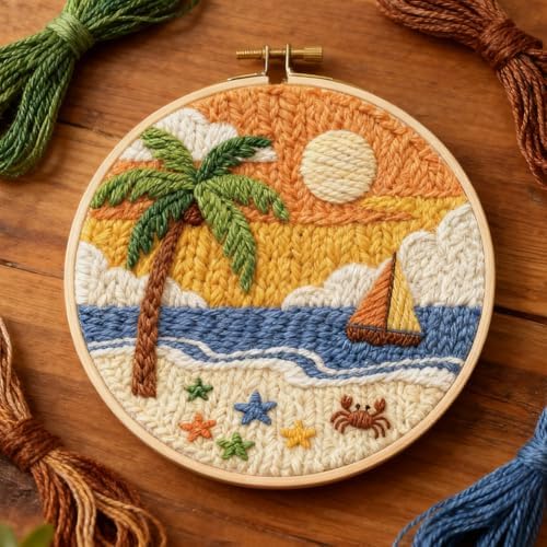 INFUNLY Sea Beach Punch Needle Kits for Adults Beginners Coconut Trees Needle Embroidery Starter Kit Boats DIY Punch Needles Kit with Instruction Needles Fabric for Art Crafts Festival Gift Home Decor - Image 4
