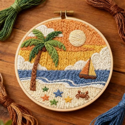 INFUNLY Sea Beach Punch Needle Kits for Adults Beginners Coconut Trees Needle Embroidery Starter Kit Boats DIY Punch Needles Kit with Instruction Needles Fabric for Art Crafts Festival Gift Home Decor - Image 4
