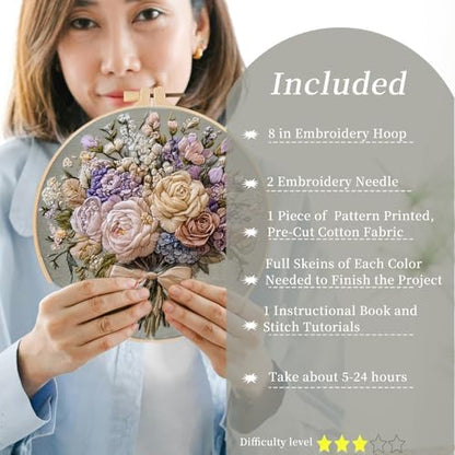 FONNUY Bouquet Flowers Embroidery Kit for Beginners, Pre-Stamped Pattern Kits for Adults with Hoop, Easy to Follow Color Thread Needlework, 8'' Hoop (Timeless Elegance) - Image 2