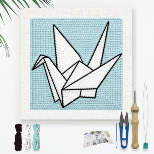 Doodlream Origami Crane Needle Kit for Beginner, 9.4"x 9.4" Paper Crane Punch Stitching Craft Set, DIY Embroidery Starter with Printed Frame, Instruction, Threader, Yarn, Pinch Needle by Doodlream