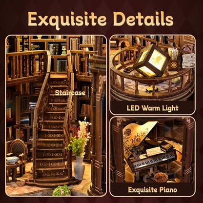 DIY Miniature House Kit, Book Nook Kit, 3D Wooden Puzzles Bookshelf Craft Kits, Dollhouse Kit with LED Light, Mini Building Kit for Adults Teen to Build (Dreamy Book Hall) - Image 4