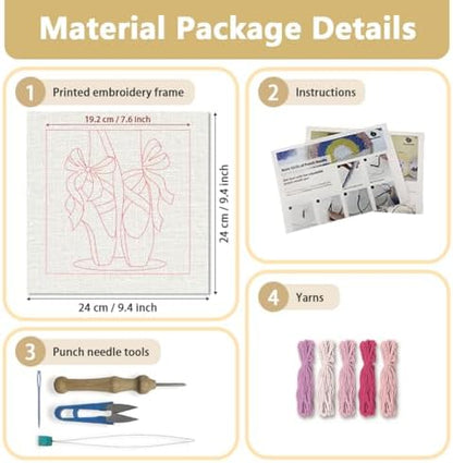 DOODLREAM Pink Ballet Slippers Needle Kit for Beginner, 9.4"x 9.4" Elegant Dance Punch Stitching Craft Set, DIY Embroidery Starter with Printed Frame, Instruction, Threader, Yarn, Punch Needle - Image 2