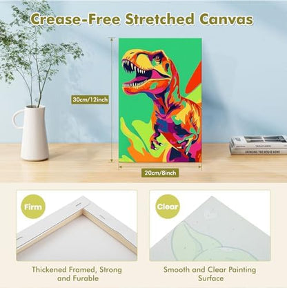 Bowetile Framed Cartoon Paint by Numbers for Kids Beginners, Dinosaur Paint by Numbers for Kids Ages 8-12, Kids Paint by Number Kits on Canvas, DIY Acrylic Number Painting for Home Decor, 8x12in - Image 3