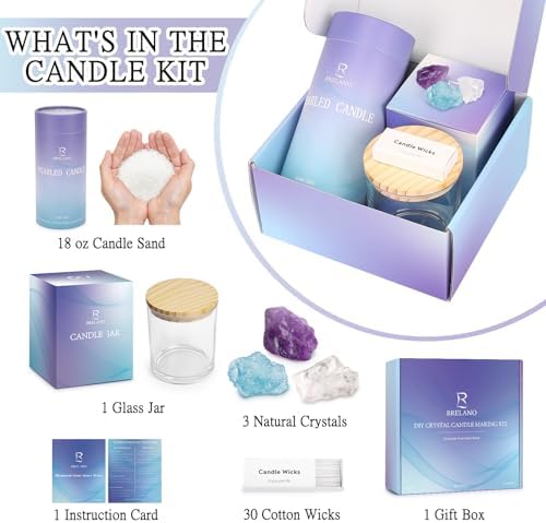 BRELANO Crystal Candle Making Kit – No-Melt Candle Sand, 18 oz Pearled Wax, 30 Cotton Wicks, 3 Natural Crystals & Refillable Glass Jar – DIY Candle Gift Set for Women & Home Decor - Image 2