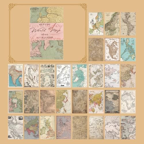 60 Sheets Junk Journal Ephemera Kit, 30 Unique Vintage Scrapbook Paper Patterns for Bullet Journal, Planner Supplies, 3x2 inch (80x50mm) Collage Material (World Map) by Gryast