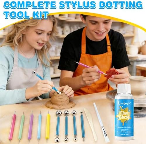 12PCS Dotting Tools Set, Clay Sculpting Tools with Double-Sided Ball Tips & 1.7OZ Air Dry Clay Glaze for Rock Painting, Pottery Embossing, Canvas Drawing & Clay Modeling Kit for Artists and Crafters - Image 6