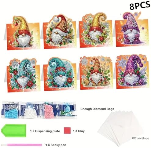 jinglinhh 8pcs Diamond Art Painting Christmas Gnome Greeting Cards with Envelopes, DIY Card Making Kits for Adults, Diamond Art Postcards Christmas Cards Craft Gifts - Image 3