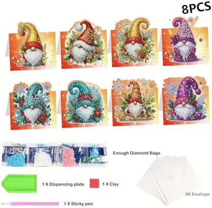 jinglinhh 8pcs Diamond Art Painting Christmas Gnome Greeting Cards with Envelopes, DIY Card Making Kits for Adults, Diamond Art Postcards Christmas Cards Craft Gifts - Image 3