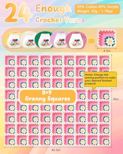 Coopay Crochet Kit for Beginners, Easy 3D Granny Square Blanket Kit, Pink - Image 4