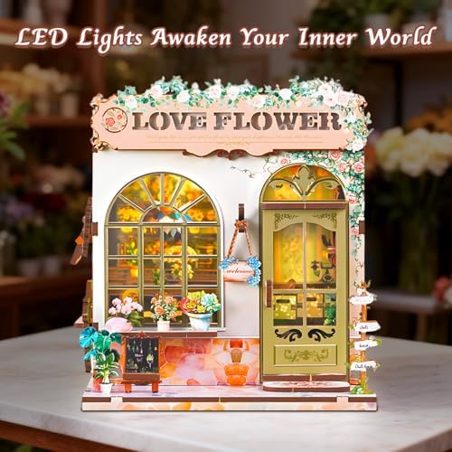 DIY Miniature House Kit, Flower Shop Book Nook Kit, Mini House Building Kit, Miniature Dollhouse Kit for Adults and Teens, 3D Wooden Puzzles with LED Light, Bookshelf Craft Kit for Family and Friends - Image 6