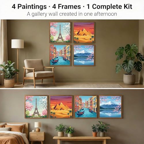 Amphol Framed Paint by Numbers Kit for Adults, Landmarks 4 Pack Paint by Number Kit for Beginners wtih Frame, DIY Landscape Oil Painting Arts on 10”x10” Framed Canvas, Great Home Wall Decor Gift - Image 3