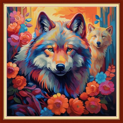 Joyhoor Stamped Cross Stitch Kits for Beginners, Needlepoint Kits for Adults, 11CT Counted Embroidery Kits-Rainbow Wolf 18x18 inchs by JoyhoorCrossStitchKits