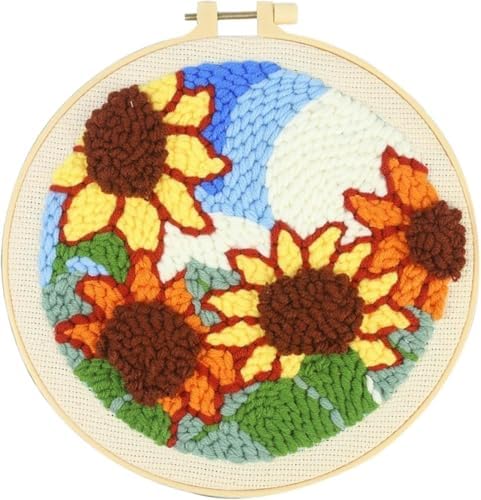 RUIQLXHANG Punch Needle Kits for Beginners, Cute Cartoon Highland Cow with Daisy Flower, Punch Needle Starter Craft Set with 20cm Hoop, Perfect for Festival Gift and Decoration (Sunflower) by RUIQLXHANG