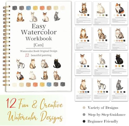Easy Watercolor Workbook for Beginners - 12 Beautiful Step-by-Step Paintings Water Coloring Book, Includes 18 Colors Paints, Relaxing Art Projects and Creative Gift for Adults & Teen (Cats) - Image 7