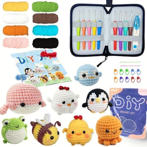 YAMAXIN Crochet Kit for Beginners with 9 Hooks (2.0–6.0mm), 8 Animal Patterns & Yarn – Learn to Crochet Starter Set with Tools & Case – Amigurumi DIY Craft Kit for Adults & Kids by YAMAXIN