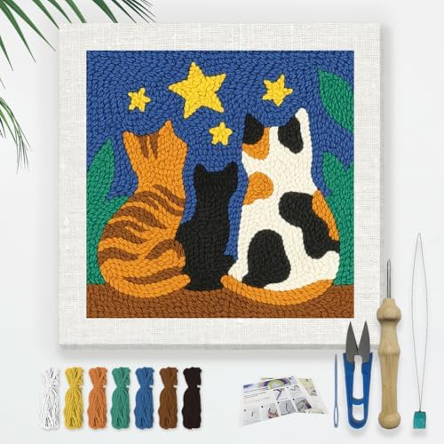 DOODLREAM Cats Stars DIY Punch Needle Embroidery Kit for Adult Beginner, 9.4" Kitten Animal Punch Stitching Craft Set for Starter with Frame,Fabric Pattern,Threader, Yarn, Pinch Needle by Doodlream