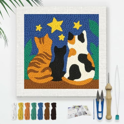 DOODLREAM Cats Stars DIY Punch Needle Embroidery Kit for Adult Beginner, 9.4" Kitten Animal Punch Stitching Craft Set for Starter with Frame,Fabric Pattern,Threader, Yarn, Pinch Needle by Doodlream