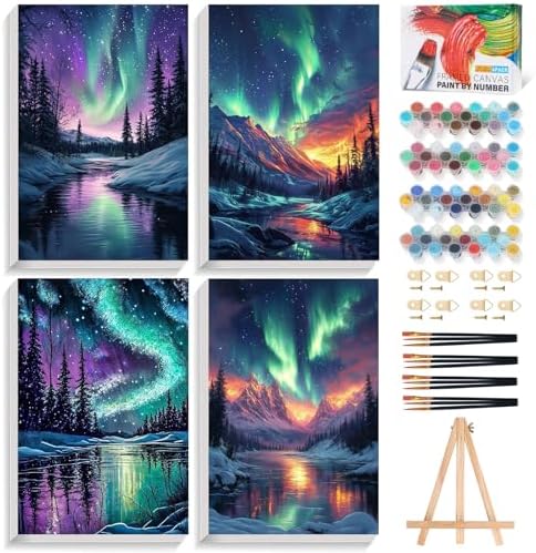4 Pack Framed Paint by Numbers Kit for Adults Aurora with Wooden Easel by Fountor