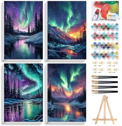 4 Pack Framed Paint by Numbers Kit for Adults Aurora with Wooden Easel by Fountor