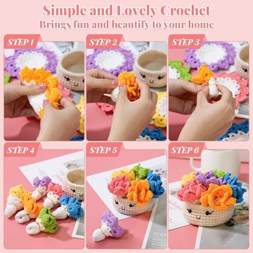 LOMOHOO Crochet Kit for Beginners, 6PCS Crochet Coasters Kit, Flower Potted Plant Crochet Kit with Crochet Hook, Colorful Yarn, Stitch Marker, Instruction, Craft Lover DIY Material Tools(Colorful) - Image 5
