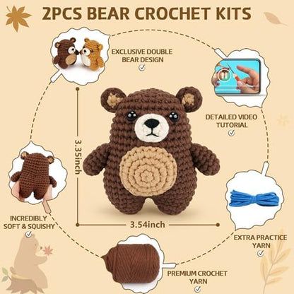 Crochet Kit for Beginners - Bear Crochet Kits, Beginner Crochet Kit for Adults, Crochet Animal Kit for Starters with Step-by-Step Video Tutorials, Knitting Bears with Squishy Hip Design - Image 3
