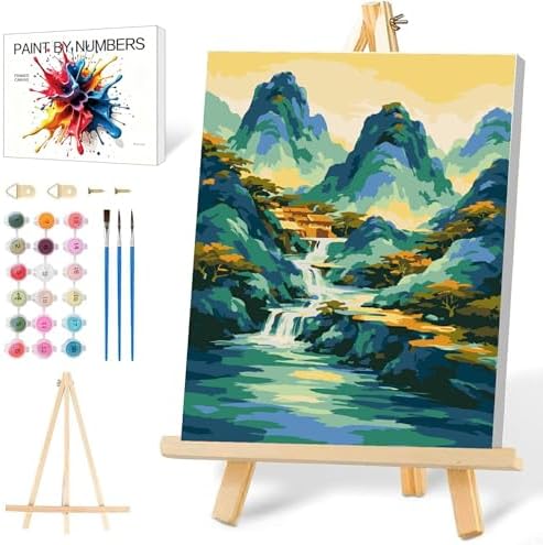 Mowana Landscape Paint by Numbers Kit for Adults Beginners, Mountains Adult Paint by Number Kits on Canvas with Frame and Easel for Gift and Home Wall Decor (8 * 12 Inch) by Mowana
