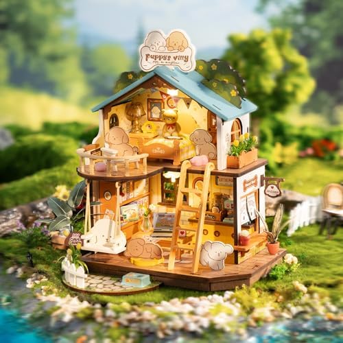 ROBOTIME DIY Miniature House Kit, Mini Wooden Dollhouse Diorama Model, Tiny House Building Kits,Birthday Christmas Craft Hobbies Gift for Teens Kids and Friends（Puppy's Cozy Villa） - Image 2