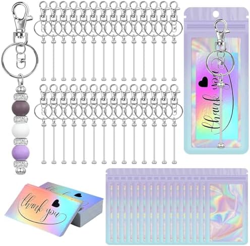 42/84/126 Pcs Beadable Keychain Bars Bulk Blank DIY Beaded Keychain Making Supplies with Bag Thank You Card by Unknown