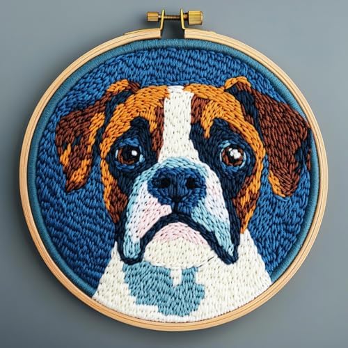 DIY Punch Needle Kits Cute Cartoon Boxer Dog with Hoop 20x20cm-1 by Unknown