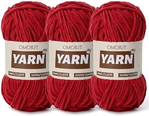 3 Packs Plush Chenille Chunky Crochet Yarn - Baby Yarn for Crocheting Soft - Velvet Yarns Knitting for Blankets Crafts - Fluffy Amigurumi Yarns 300g / 393yd (3 Burgundy) by OMoiut