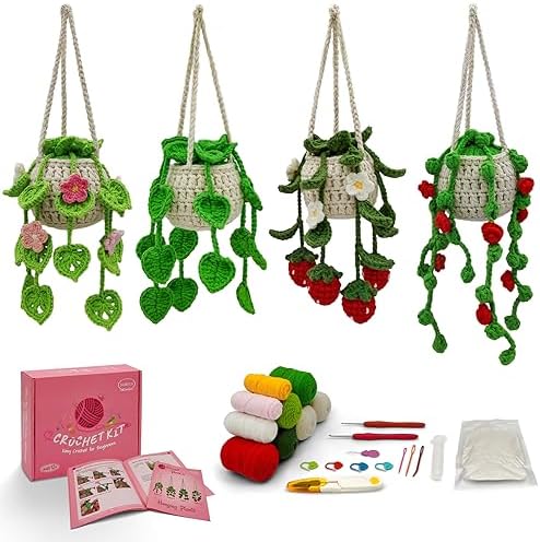 SGIBYN Crochet Kit for Beginners with Video - 4 Pcs Hanging Plant Craft Set by SGIBYN
