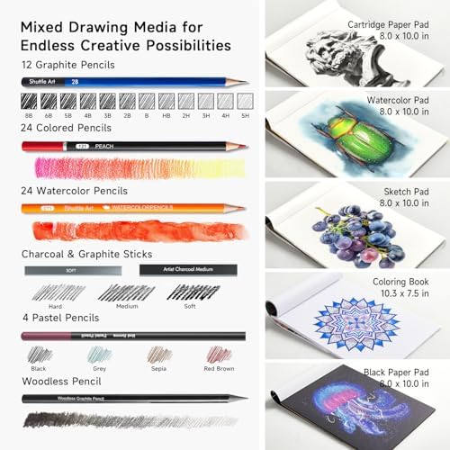 Shuttle Art 124 PCS Drawing Kit, Professional Drawing Supplies with Sketch, Charcoal, Colored, Graphite, Pastel Pencils & Sticks, Complete Drawing Tools and Paper Pads in Zipper Case for Artists&Kids - Image 3