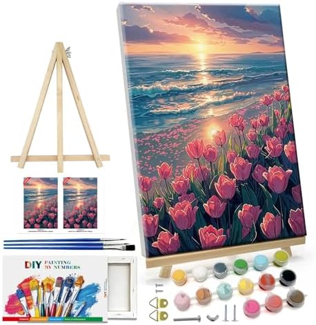 ATDMS Paint by Numbers Kit for Adults with Easel DIY Tulips Adult Paint by Number Kits on Canvas Framed Oil Painting Kits for Wall Hanging Home Room Decor 7.87x11.81 Inch by ATDMSDIY