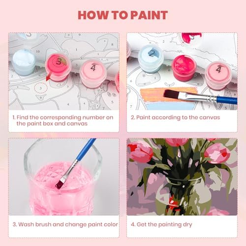 MXJSUA Pink Tulips Framed Paint by Numbers Kit for Adults Beginner with Wooden Easel, Adults' Paint-by-Numbers on Canvas, Easy DIY Acrylic Number Painting for Home Decor Gifts, 8x12 inch - Image 5