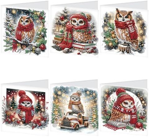 TDFERAN Diamond Painting Blank Greeting Card Set of 6 Snowy Christmas Owl Greetings Cards Thinking of You Greeting Card with Envelopes Animal Beautiful Greetings Cards Holiday Party Invitations by TDFERAN