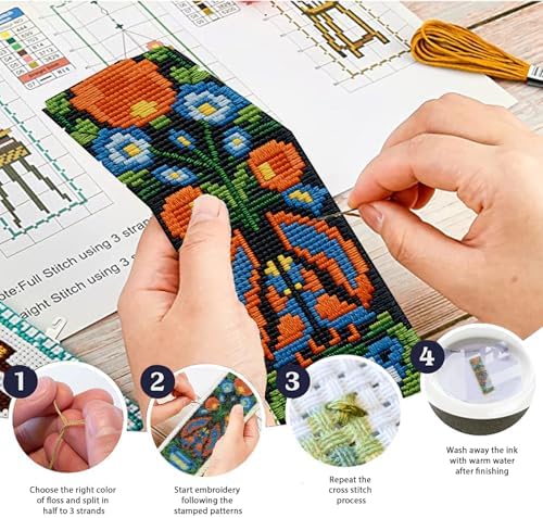 ACRNIGHEET 6PCS Cross Stitch Kits Stamped Cross Stitch Bookmark Kit for Beginner Adults Easy Flower DIY Embroidery Bookmark Kit Needlepoint Kits with Instructions Book Lovers Craft Gift 8.5''x3'' 11CT - Image 4