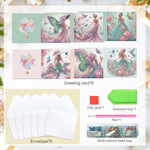 jinglinhh 6pcs Butterfly Flowers Fairy Girl Diamond Art Painting Greeting Cards with Envelopes, DIY Card Making Kits for Adults, Diamond Art Postcards Holiday Cards Craft Gifts - Image 3
