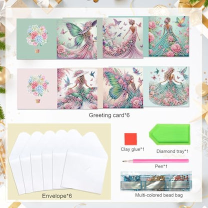 jinglinhh 6pcs Butterfly Flowers Fairy Girl Diamond Art Painting Greeting Cards with Envelopes, DIY Card Making Kits for Adults, Diamond Art Postcards Holiday Cards Craft Gifts - Image 3