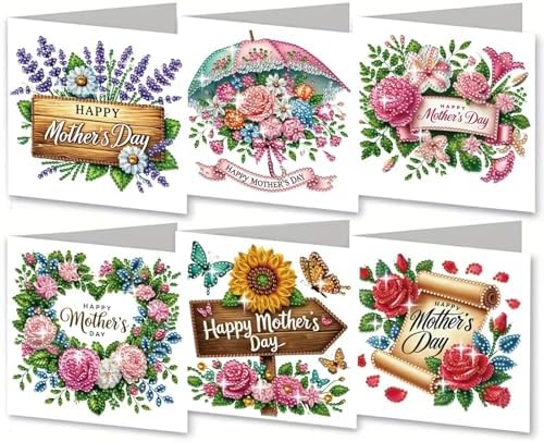 6Pcs Mother's Day Greeting Card DIY Diamond Art Painting Greeting Cards Special Shaped Diamond Blessing Folding Card Kit Arts Crafts for Holiday Festival-Flowers01 by BAYUNOESparkDiamondCraft