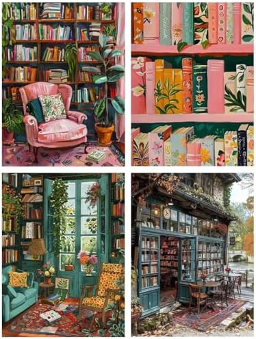 Clendo 4 Packs Study Room Paint by Numbers Kit for Adults Beginner, Bookshelf Adult Paint by Number on Canvas, DIY Street Acrylic Oil Easy Painting by Numbers for Home Wall Decor 12X16 inch by Clendo