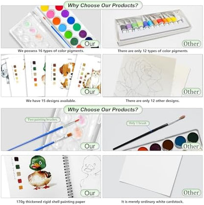 Watercolor Workbooks, 16 Colors Water Color Books Paint Set for Adults, Watercolor Coloring Book for Beginners, Water Color Workbook, 15 Beautiful Paintings for Beginners (Animals) - Image 6