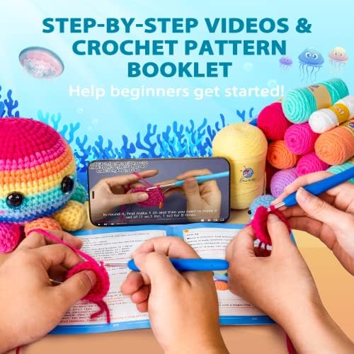 Crochetta Crochet Kit for Beginners, Crochet Kit Step-by-Step Video Tutorials, Crochet Starter Kit Learn to Crochet Kits for Adults Kids Beginners, Jumbo 3 Colorful Octopus Familly (40%+ Yarn Content) - Image 3