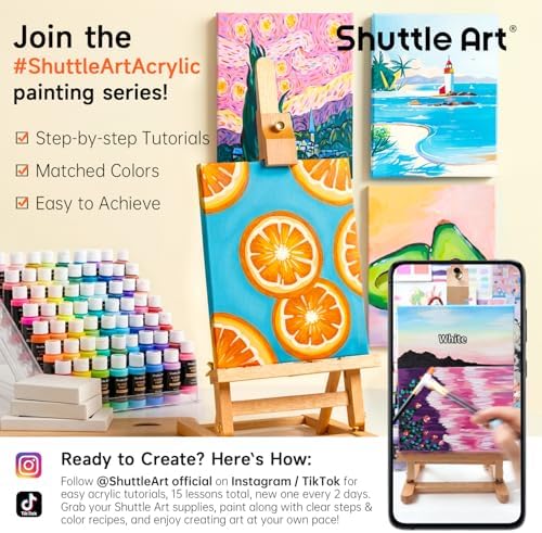Shuttle Art 100 Colors Acrylic Paint, 2oz/60ml Bottles, Include 2 Sets of 12 Paint Brushes, 1 Art Sponge & Palette, Premium for Artists, Beginners & Kids on Canvas Rocks Wood Ceramic - Image 2