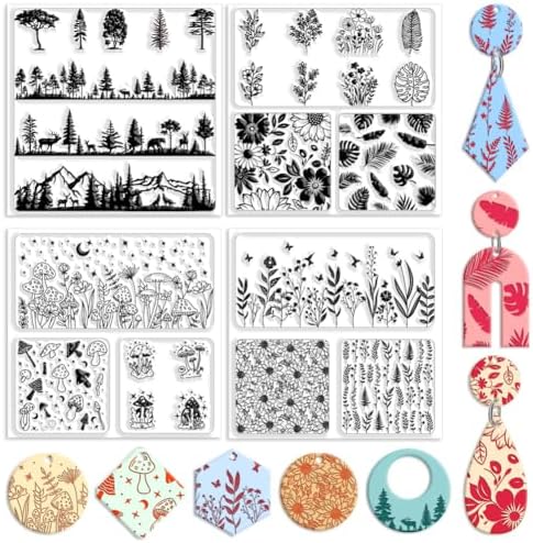 CHGCRAFT 4 Pcs 4 Styles Wildflowers Polymer Clay Texture Sheets Mushrooms Silicone Texture Stamp Leaves Clay Texture Mat Modeling Pattern Pad Texture Sheets for Making Earrings Jewerly, 5.5x5.5 inch by chgcraft
