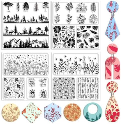 CHGCRAFT 4 Pcs 4 Styles Wildflowers Polymer Clay Texture Sheets Mushrooms Silicone Texture Stamp Leaves Clay Texture Mat Modeling Pattern Pad Texture Sheets for Making Earrings Jewerly, 5.5x5.5 inch by chgcraft