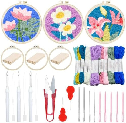 Woohome Punch Needle Kit Included Plastic Hoops, Punch Needle Cloth, Color Yarn and Punch Needle Tools for Adults, Beginners (Chrysanthemum, Lotus, Lily) by Woohome