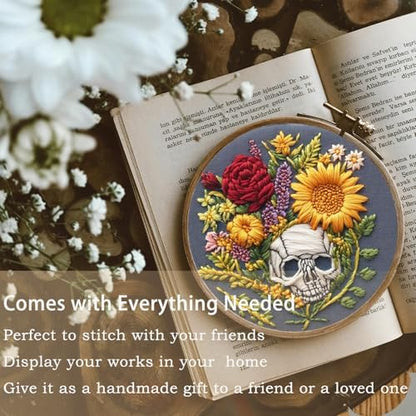 FONNUY Floral Embroidery Kit for Beginners, Colorful Flowers Pre-Stamped Pattern Kits for Adults with Hoop, Thread Needlework, 8'' Hoop (Skull) - Image 3