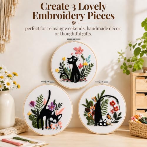 Thinas Embroidery Kit for Beginners Adults, 3 Pack Stamped Cat Cross Stitch Starter Set with Patterns & Video Tutorial, DIY Sewing Craft Supplies for Cat Lovers, Home Decor Gift Idea - Image 2