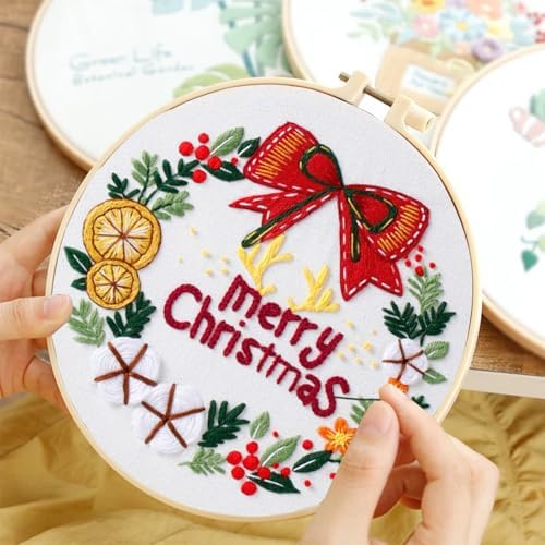 Topapfo Christmas Embroidery Kit for Beginners Adults, Needlepoint Cross Stitch Starters Kits Hand Embroider Craft with Embroidery Stitches Instructions Hoops Threads - Image 5
