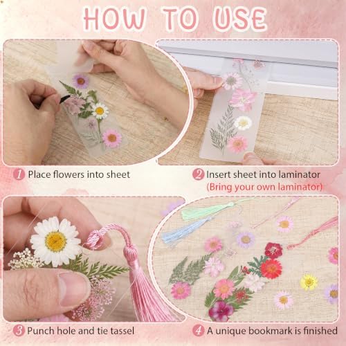 182 Pcs Pressed Flower Bookmark Making Kit, 30 Laminating Pouches with 120 Dried Flowers, 30 Tassels, Tweezer and Punch, Party DIY Crafts Bookmark for Reading Women Kids - Image 4